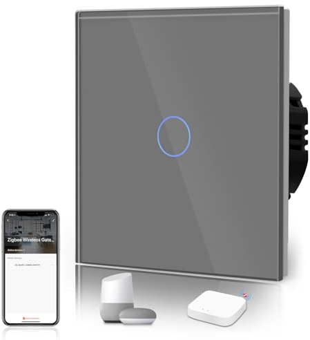BSEED Interruptor Tactil ZIGBEE,Vidrio Panel con luz Piloto,Compatible con Alexa/Tuya/Smart Life(Requiere Cable Neutro）,1 Gang 1 Vía,Gris 86mm