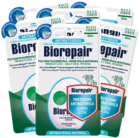 6x Biorepair Filo Interdentale Cerato Scorrevole per Igiene Quotidiana con Antibatterico - 6 Confezioni da 50 Metri ognuna