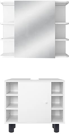 ML-Design Badmöbel-Set 2-teilig, Badezimmermöbel Set Badmöbel Set Badezimmerset, Waschtisch mit Unterschrank, Spiegelschrank, Badezimmerschrank Badschrank, im Modernen Stil, Weiß, Holz, viel Stauraum