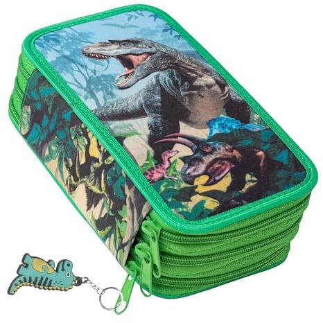 Mäppchen Federtasche 3 Fach Federmäppchen Schüleretui Schlamperbox Stiftemappe mit 3 Reißverschluss-Fächern Dinosaurier [150]