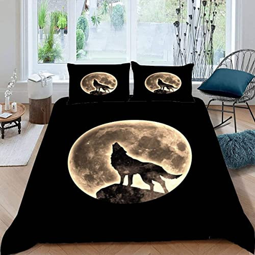 VASENA Bettwäsche 155x220 Wolf Mond Bettbezug 3D Druck flauschig Hypoallergen Bettwäsche-Set 3Teilig Teenager Jungen Mädchen Mikrofaser Schwarz Betten Set