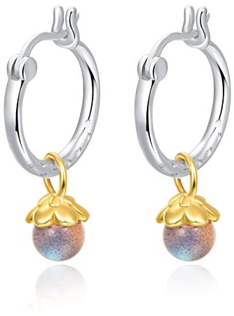 KINGWHYTE Damen Mondstein Creolen Silber 925, Gold Blumen mit Regenbogenstein Mondstein Ohrringe, Ohranhänger Abnehmbar, Drei in einem, können schlichte Ohrringe