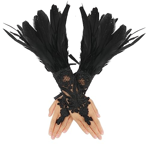 Yolev Damen Spitze Fingerlose Handschuhe Schwarz Lange Federhandschuhe Halloween Kostüm Party Handschuhe Damen Karneval Oper Cosplay Kostüm Zubehör