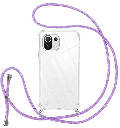 Vauki Cover con Cordino per Xiaomi 11 Lite 5G NE/Mi 11 Lite 4G/5G, Trasparente Silicone Custodia con Laccio Collana Tracolla, TPU+PC Bumper Antigraffio Proteggere Case Corda, Viola 01