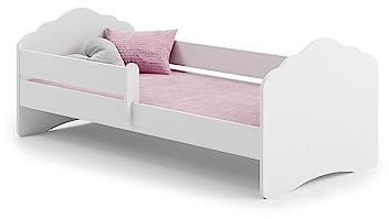 KOBI Fala Kinderbett mit Rausfallschutz | 140 x 70 cm | Kinderbetten mit Matratze Komplett Set | Einzelbett Kinder Bett | Mädchen Junge | Modern Weiss Kids Bed Children