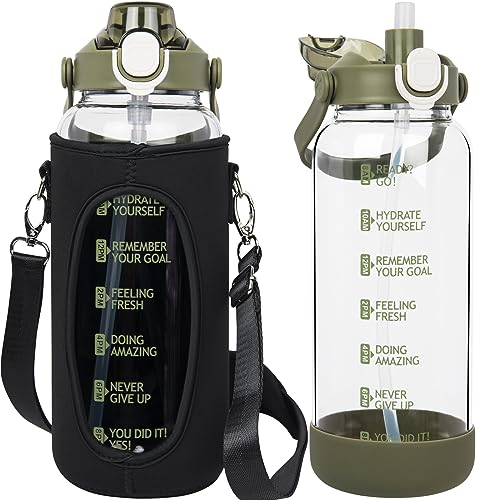 Seekua 1.5 liter Trinkflasche Glas Flasche mit Strohhalm & Zeitmarkierung, 1.5l Wasserflasche mit Früchteinsatz & Schutzhülle für Smoothie, Früchte, Kohlensäure geeignet
