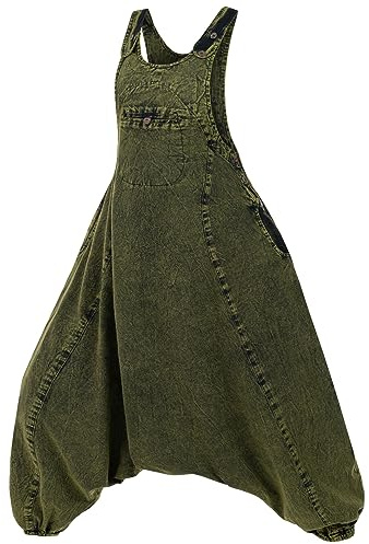 Kunst und Magie Damen Latzhose Hippie Haremshose Goa Hose Boho 70er Jumpsuit Overall Stonewashed Catsuit