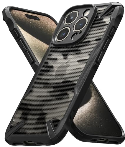 Ringke Fusion-X Case Kompatibel mit iPhone 15 Pro Hülle, [Militärischer Schutz] Stoßfest Fingerabdruckfest Militär Muster Handyhülle für iPhone 15 Pro 6,1 - Camo Black