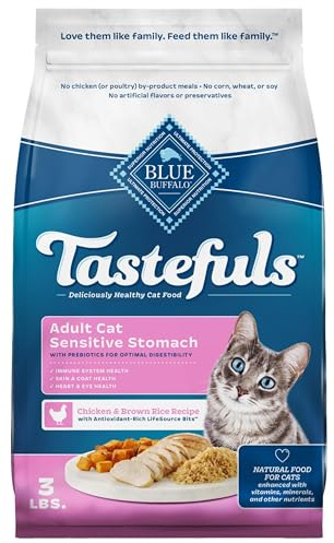 Blue Buffalo Tastefuls Natural Dry Food for Adult Cats, Sensitive Stomach, Chicken & Brown Rice Recipe, 3-lb. Resealable Bag