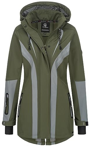 Rock Creek Damen Softshell Jacke Mantel Regenjacke Übergangsjacke Softshelljacke Damenjacke Regenmantel Outdoorjacke Kapuze D-492 Dunkelgrün XL