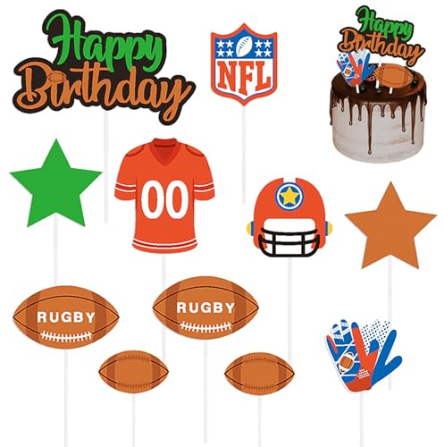 Silars American Football Cake Decorations, 11PCS Rugby Cake Toppers American Football Cake Toppers, Happy Birthday Rugby Cake Decorations for Boys, Men