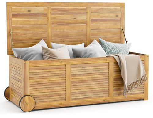 COSTWAY Coffre de Rangement en Bois d’Acacia 182L avec Charnière en Métal, Banc de Rangement Extérieur à Roulettes Charge 150KG pour Terrasse Jardin Patio 127 x 50 x 45 cm, Naturel