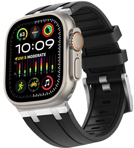 HITZEE Kompatibel mit Apple Watch Ultra Armband 49/46/45/44/42mm, Flüssigsilikonband mit Edelstahladapter Armbänder Entworfen für Apple Watch Ultra 2 Ultra Serie 10 9 8 7 SE 6 5 4 3 2 1, Schwarz