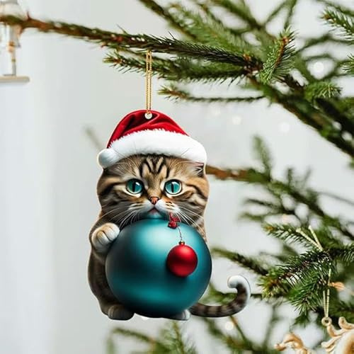 Gatto acrilico con palla di Natale Decorazione appesa Ornamenti natalizi Albero di Natale Auto Stampa animale Ciondolo in stile regalo 03-8x4.5 cm