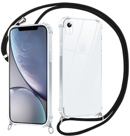 Xylota Coque avec Cordon pour iPhone XR 6,1, Etui avec Collier Réglable Laniere Tour de Cou Lanière Corde Lanyard, Transparente Silicone Souple TPU + PC Case Antichoc Protection Housse Cover, Noir