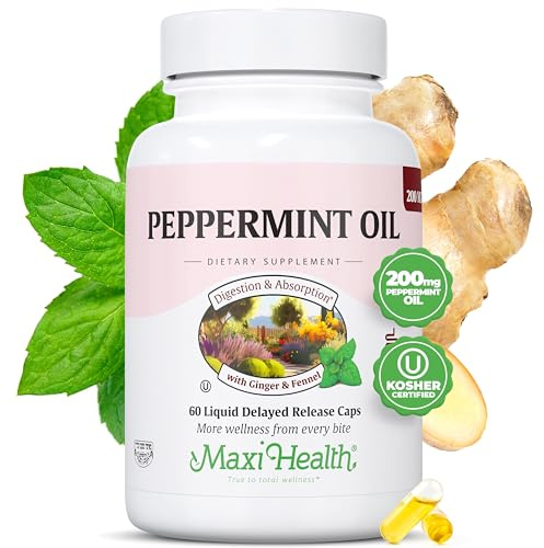 Maxi Health Peppermint Oil Capsules – Organic Ginger Oil & Fennel Delayed Release Capsule – Ingestible Dietary Kosher Peppermint Supplement for Digestive Support (60 Capsules)