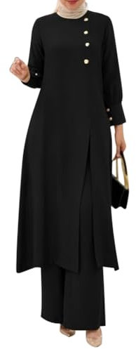OBEEII Abaya Muslim Damen Set 2 Stück Langarm Oberteile Robe Und Hosen Corban Ramadan Outfit Naher Osten Dubai Arabisch Islamische Kleidung Frauen Schwarz L