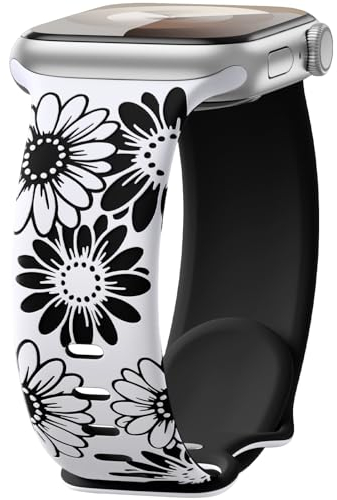 Maledan Floral Engraved Strap Compatible with Apple Watch Straps 41mm 40mm 38mm 42mm for Women, Two-Tone Flower Soft Silicone Sport Band for iWatch Strap SE Series 10 9 8 7 6 5 4 3 2 1, White/Black