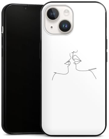Slim Case extra dünn kompatibel mit Apple iPhone 14 Silikon Handyhülle schwarz Hülle Kussmund Line Art Liebe