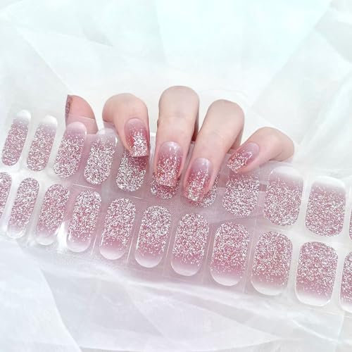 Gel Nail Wraps 20 Stickers Glitter Full-Cured Gel Nail Stickers Soft Self Upgrade Gel Nail Strips Lasting for 15 Days - Adhesive Gel Nail Stickers Nail Art No Need UV/LED Lamp (22-Pink Glitter)