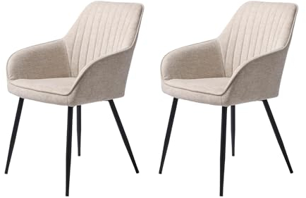 FJORDFORM Esszimmerstuhl, 2'er Set, Küchenstuhl, Polsterstuhl, WohnzimmerstuhL mit Rückenlehne, Sitzfläche aus Polyester, Schwarze Metallbeine, Quadratisches Munster, Beige, Perfekt für das Esszimmer
