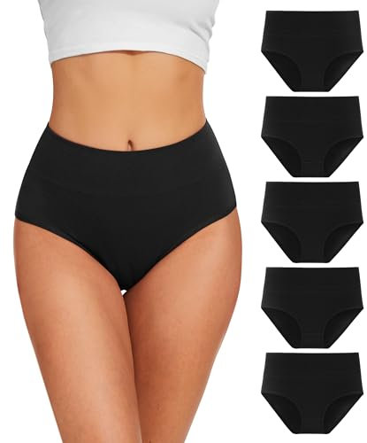 YESWEL Unterhosen Damen 5er Pack, Baumwolle Hohe Taille Unterwäsche, Hipster Stretch Atmungsaktive Panties für Frauen (Schwarz,M)