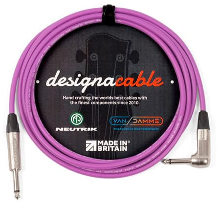 designacable.com 6m - Purple Unbalanced Straight to Angled Jack Guitar Lead - Handmade in the UK using Van Damme XKE instrument cable & Neutrik NP2X & NP2RX 1/4 Mono Jacks.