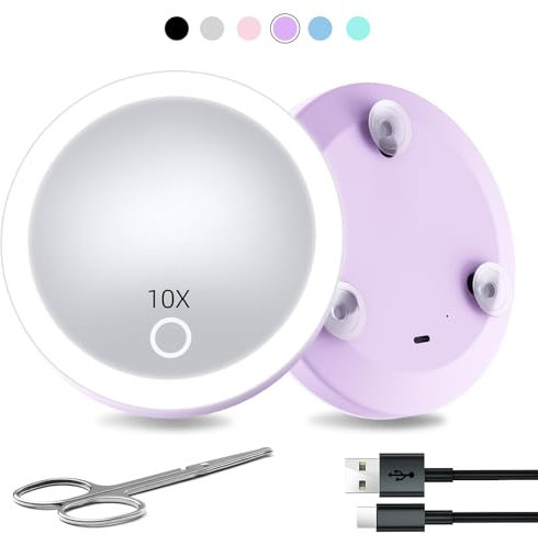 Miroir grossissant de voyage avec lumière 10x, 10,2 cm rechargeable avec ventouses, petit miroir grossissant 10x compact de poche avec ciseaux