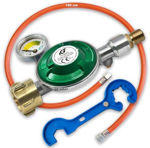 Bluecraft Gasregler 50mbar mit Manometer | Gas Füllstandsanzeige | Druckregler Camping Propan Butan | Propangas Druckminderer | Gasregler Schlüssel (50mbar Gasregler mit Schlüssel & Gasschlauch 150cm)