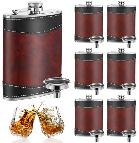 6 Pcs 8 oz Leather Hip Flasks for Liquor for Men Leak Proof Stainless Steel Drinking Flasks Bulk Soft Wrap Whiskey Flask with Funnel for Wedding Bridesmaid Christmas Gifts, Leather Brown