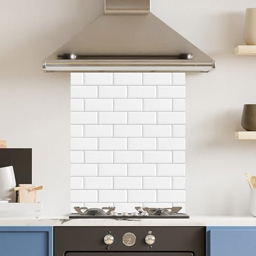 Toughened 6mm Glass Kitchen Splashback 60 x 75cm White Metro Tile - Polished Heat Resistant Back Splash for Cookers Hob