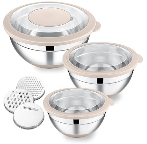 Herogo Salatschüssel 3er-Set, Edelstahl-Mixschüssel mit Luftdichten Deckeln, 3 Reibeaufsätze, Schüsseln zum Mixen, Backen, Servieren, Aufbewahren, Ideal für Küche & Essenszubereitung, Khaki