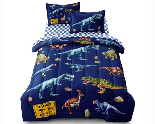 Leaflin Kid Twin Tröster-Set – 5-teiliges Dinosaurier-Bettwäsche-Set für Jungen/Mädchen – superweiches Mikrofaserbett in einer Tasche mit Steppdecke, Laken, Kissenbezug, Blau
