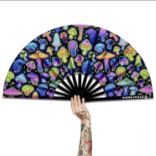 WONKIWEAR Fan, Folding Handheld, Glow UV Reactive Design, Large Strong Black Bamboo. Unisex for Raves, Festivals, Concerts, Drag, Gay Pride (UV Rainbow Mushrooms, Large)