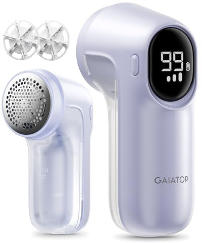 Gaiatop Fabric Shaver Rechargeable, Electric Lint Remover with LED Display, 6 Leaf Blade, 3-Speed Sweater Depiller for Clothes, Furniture, Couch, Fuzz, Purple