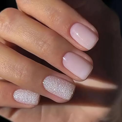 24Pcs Carrés Faux Ongles Court, Rose Pailleté Press on Nails, Naturel Français Ongles à Coller Couverture Complète Capsule Ongles, Ballerine Acrylique Faux Ongles Autocollants pour Femmes et Filles