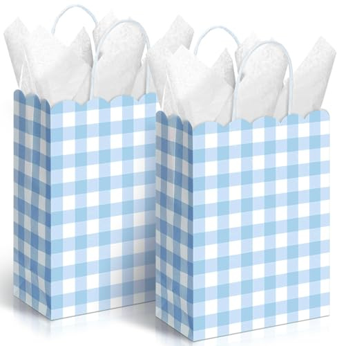 Kolldenn Lot de 24 sacs cadeaux avec poignées en papier kraft à carreaux pour anniversaire, mariage, fête vichy bleu