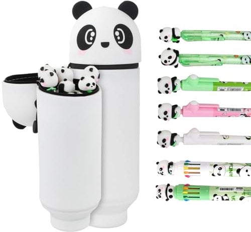 Trousse Ecole 2 en1 en Silicone Panda, 1 Fermeture Eclair en Silicone Pochette de Stylo avec 3 Rotatifs à Encre Gel Noire, 2 Gel Effaçables Bleus, 2 à Bille de 10 Couleurs