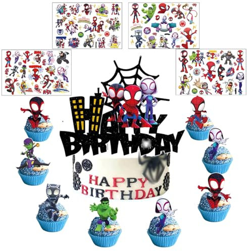 25 Stück Tortendekoration Set + 4 Blätter Temporäre Tattoos für Kinder, Kindergeburtstag Party Deko,Muffins Dessert Dekoration, Karikatur Cupcake Topper, Partydekoration