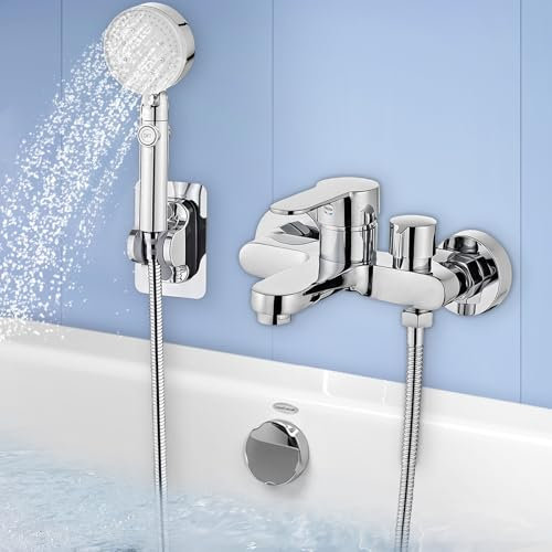 Rubinetto per vasca da bagno con doccetta a mano, in ottone con 5 funzioni, miscelatore monocomando, vasca da bagno con tubo in acciaio inox da 1,5 m, supporto a parete, rubinetto vascas da bagno