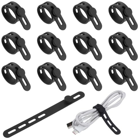 Nogeqi 12PCS Reusable Cable Ties, Silicone Charger Cord Organizer, Elastic Cord Wraps for Bundling Fastening Earphone Phone Charger Home Office School(Black)