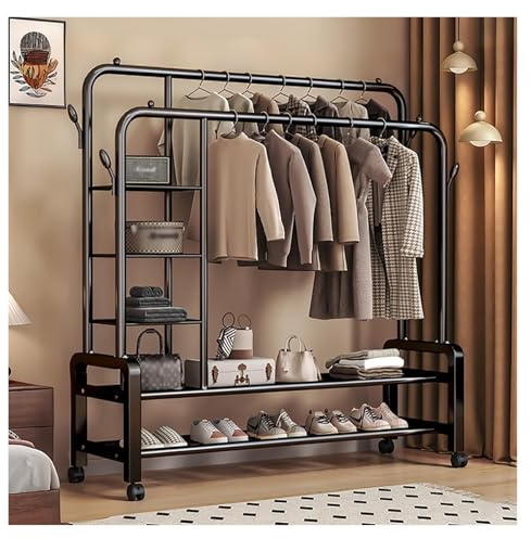 ZzERTE Portant À Vêtements Sur Roulette, Porte-manteaux, Penderie, Avec Double Tringle Et Étagère De Rangement, Chambre, Buanderie(Black,130cm/51.2in)