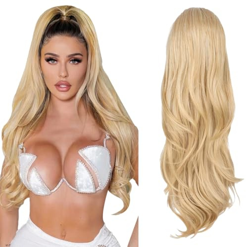 AOWVUTS Gewellt Pferdeschwanz Haarteil Lange Wellig Lockige Haarextension Synthetik Zopf Haarverlängerung mit Kordelzug Pferdeschwanz Verlängerung Haarteil Ponytail Extension für Damen (Blond)