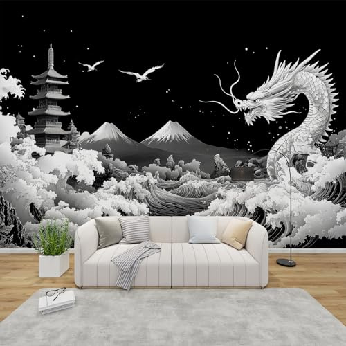 QEODAH Fototapete Japanisch Schlafzimmer, 3D Tapete Chinesischer Drache, Vliestapete Schwarz Weiß, Tapeten Wohnzimmer Muster, Asiatisch Wand Deko Kinderzimmer, Wandtapete, Mustertapete 200x140 cm