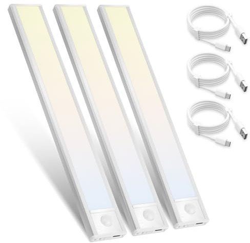 Homefire Unterbauleuchte Küche LED Schrankbeleuchtung - 20CM 3 Stück Unterschrank Beleuchtung mit Bewegungssensor USB Wiederaufladbar Schranklicht Dimmbar 3 Farbtemperatur für Küchenschrank Treppe