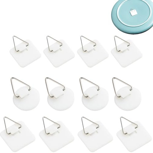 12 Pcs Wall Plate Hangers, Self-Adhesive Picture Hangers No Nails Invisible Plastic Vertical Hanging Hooks for Display Decorative Plates Photo Frames Art Paintings in Kitchen Bathroom (Round/Square)​