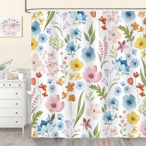 COZZSNUGE Rideau de Douche Joli Fleurs, Rideau de Baignoire Fleurs Colorées Feuilles Aquarelle Plante 180 x 180 cm Polyester Imperméable Résistant à la Moisissure 12 Crochets