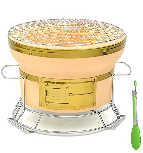 Portable Barbecue Grill Portable Wood Charcoal BBQ Rack, Small Round Hibachi Tabletop Charcoal Stove Portable Yakitori BBQ Cooker with Handles and Food Tongs