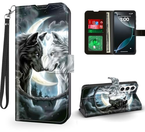 ETLKJVBL for Samsung Galaxy A26 5G Phone Case Wallet with Card Holder, Black White Wolf RFID Blocking Leather Flip Cover/Kickstand and Magnetic Snap for A16 Case