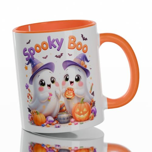 Spooky Boo Coffee Mug – 11oz Ceramic Halloween Ghost Gift Cup – Cute Wizard Ghosts Design – Dishwasher & Microwave Safe